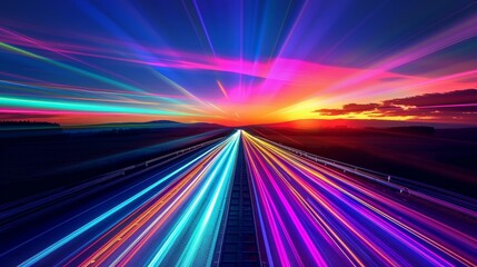 In the background is an abstract rainbow neon background with light trails over an empty highway leading to a sunrise.