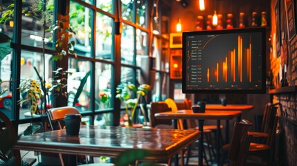 Naklejka premium An image of multiple graphs moving over empty chairs and tables arranged in a cafe