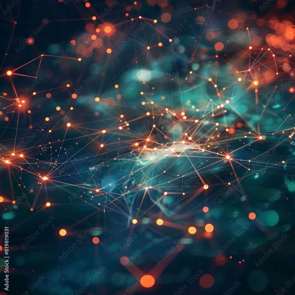 Poster abstract network of connections with pulsing lights representing global information flow and logisti