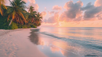 A serene tropical beach at sunrise with soft pink and orange hues reflecting on the calm ocean, bordered by lush palm trees. 