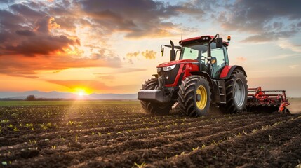 Red Tractor Plowing Field at Sunset