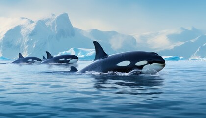 Fototapeta premium Groups of Orcas or killer whales swim and hunt for prey, the top of the food chain in a sea of ​​ice floes