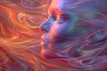 Artistic rendering of a tranquil face blended into a vibrant abstract background