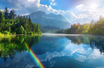 An enchanting lake reflecting a shimmering rainbow in the sky, 8K resolution - Powered by Adobe