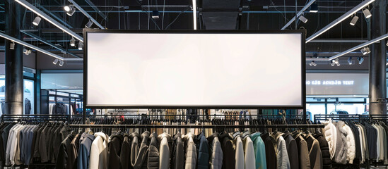 A blank billboard installed above the clothing racks in a fashion store, providing advertisers with a prominent space to showcase their latest collections and trends in stunning 32k resolution.