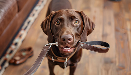 Adorable brown German Shorthaired Pointer dog holding leash in mouth indoors