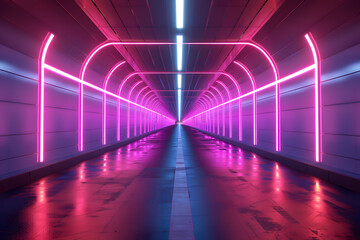 Futuristic neon tunnel with reflective floor
