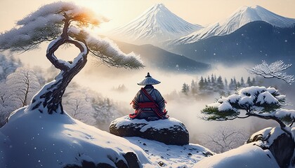 Beautiful Japanese winter landscape with a small silhouette of a samurai meditating on a round rock. Misty snowy mountains, bonsai trees covered with snow. 
