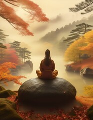Beautiful rainy Japanese landscape in warm sunset autumnal colours, with a small person silhouette meditating on a round rock. Misty mountains, golden foliage on bonsai trees.