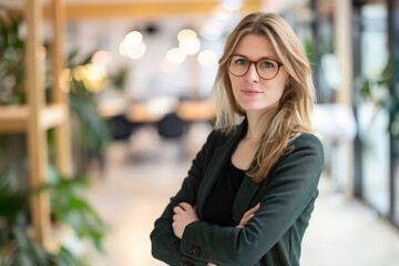 Fototapeta premium Happy middle-aged business woman manager in the office Smiling woman in the bank. Beautiful simple AI generated image in 4K, unique.