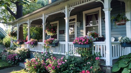 A charming bed and breakfast with a welcoming porch, flower boxes.