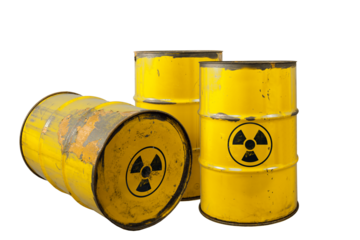 Barrel with radioactive waste. Nuclear warning sign. Rusty dangerous barrel with radionuclide, hazardous toxins on isolated background