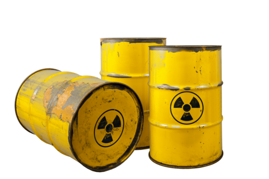 Barrel with radioactive waste. Nuclear warning sign. Rusty dangerous barrel with radionuclide, hazardous toxins on isolated background