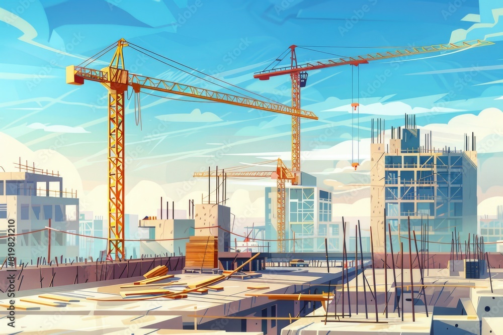 Poster Painting of a construction site with a crane. Ideal for architecture and engineering projects