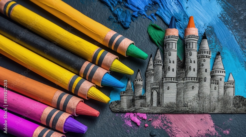 Poster a set of digital crayons in vibrant colors, designed for touch screen use, lying next to a digital d