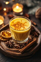 crystal clear glass filled with a golden turmeric latte, garnished with a sprinkle of ground turmeric and a cinnamon stick