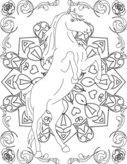 Horse on Mandala Coloring Page. Printable Coloring Worksheet for Adults and Kids. Educational Resources for School and Preschool. Mandala Coloring for Adults