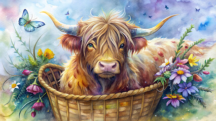 highland cow in a basket with flowers