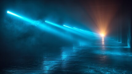 Blue and yellow beams of bright laser light shining on black background 