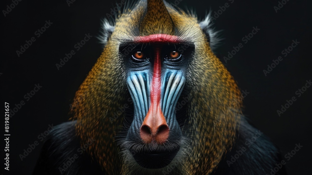 Poster close up of a monkey's face with a black background. suitable for wildlife themes