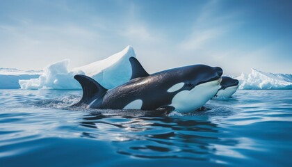 Fototapeta premium Groups of Orcas or killer whales swim and hunt for prey, the top of the food chain in a sea of ​​ice floes