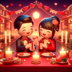 chinese young couple giving gifts to each other