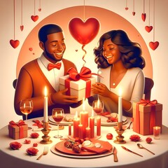 Happy couple with gifts in a restaurant