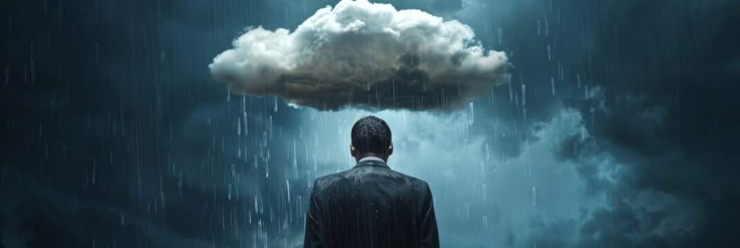 Businessman, standing under rain, pessimistic man under cloud, sad business man, unlucky, misfortune