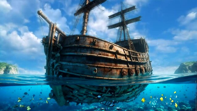 illustration of half a ship sinking in the blue sea