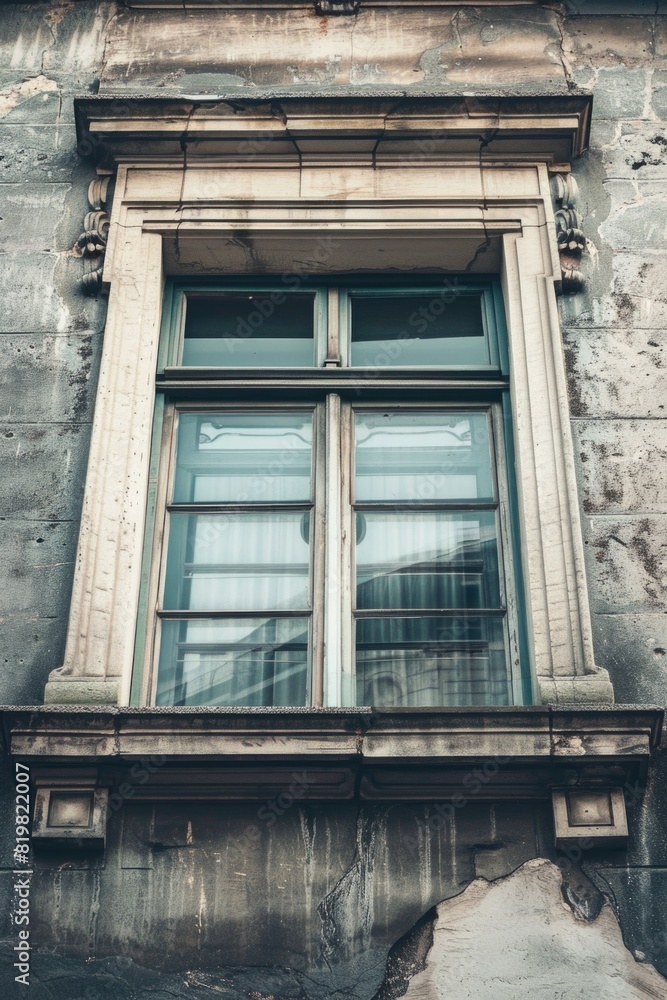 Poster a window with a clock on the outside, perfect for illustrating time concepts