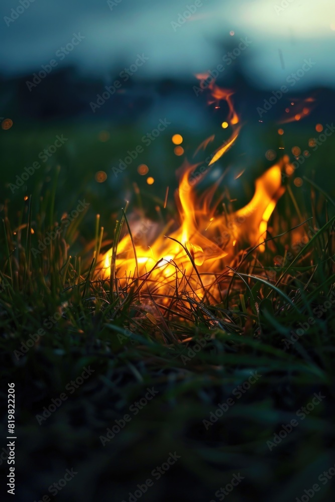 Poster a fire burning in the middle of a grassy field. suitable for environmental or disaster-related conce