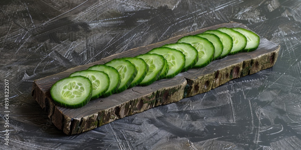 Poster fresh cucumber slices on rustic wooden board. ideal for food and cooking concepts