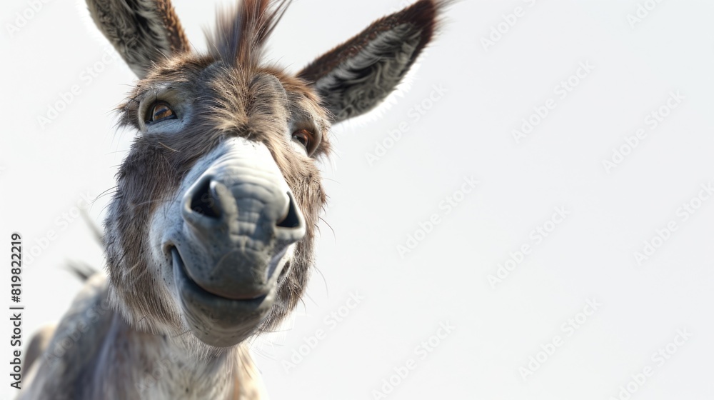 Poster close-up of a curious donkey looking directly at the camera. suitable for various projects