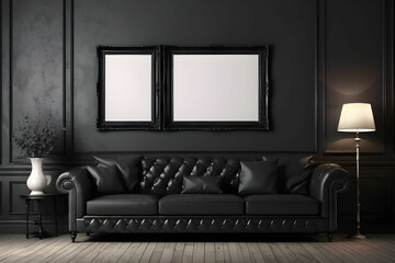 Dark classic interior with sofa and blank picture frame on wall. 3d rendering