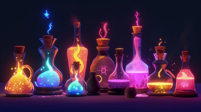 A set of magical potions in variously shaped bottles with glowing liquids, perfect for an RPG or fantasy animation. 