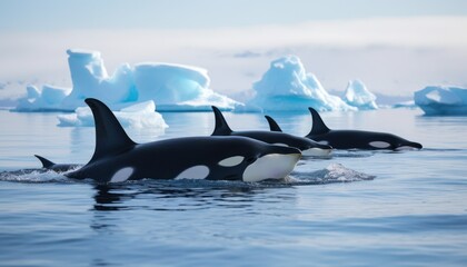 Fototapeta premium Groups of Orcas or killer whales swim and hunt for prey, the top of the food chain in a sea of ​​ice floes