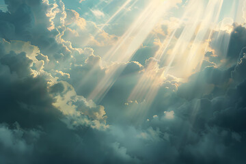 Majestic and ethereal sunrays shining through dramatic and glowing clouds in the heavenly sky
