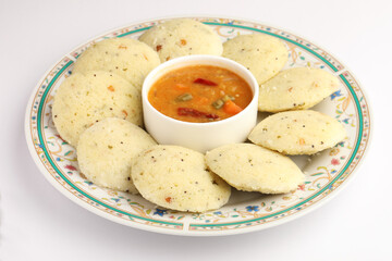 Rava Idli or semolina idli or steamed cake, an Indian breakfast