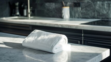 Roll of white paper towels on wooden table in kitchen, space for text