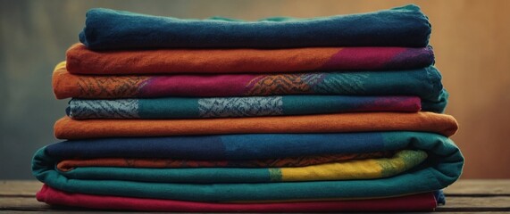 Stack of colourful cotton clothes clsoe up pile of towels