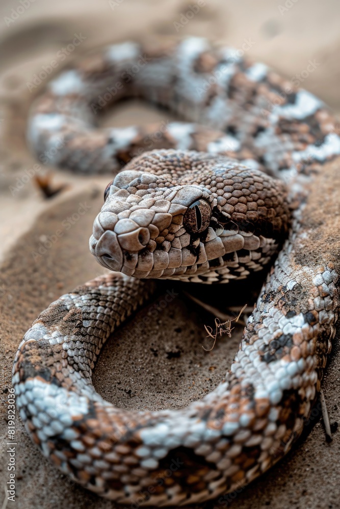 Poster a detailed close up of a snake resting on a rock. suitable for nature and wildlife themes