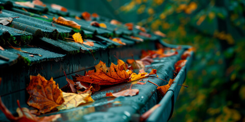A roof covered in dead leaves and rain.