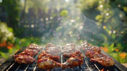 A plate of chicken wings is being cooked on a grill,having a barbecue , barbecue grill, summer activities.