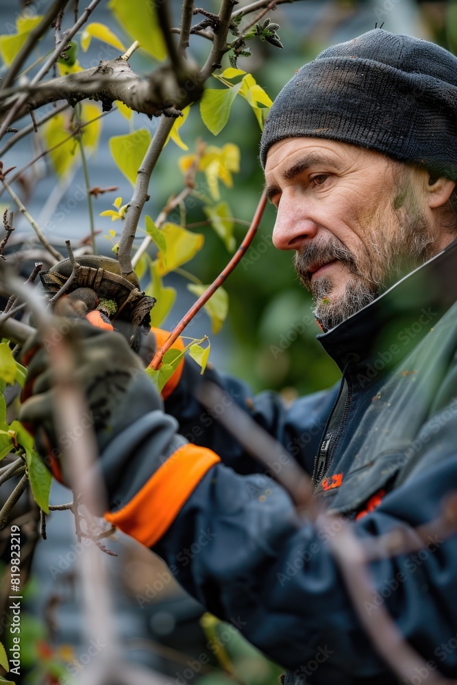 Aufkleber man cutting branches with scissors, suitable for gardening concepts
