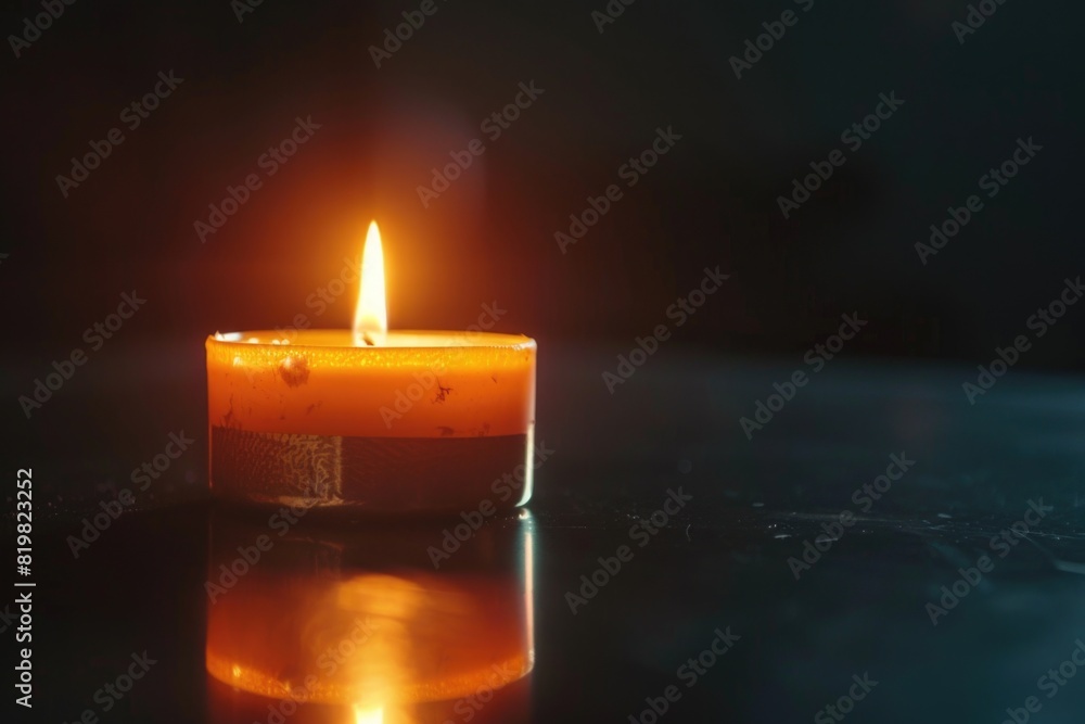 Poster a single lit candle on a table, suitable for various design projects