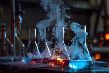 Smoke rises from colorful chemical reactions in beakers during a laboratory experiment - Powered by Adobe