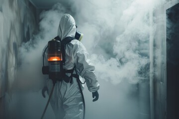 A man wearing a white suit and a gas mask. Suitable for industrial, apocalyptic or safety concepts