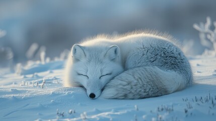 Arctic fox curled up in snow peacefully - Powered by Adobe