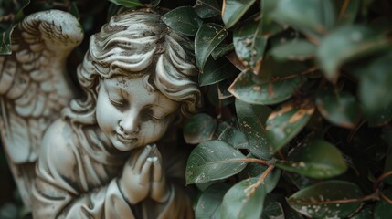 Obraz premium A beautiful statue of an angel in a peaceful garden. Suitable for religious or peaceful concepts