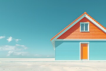 Minimalistic Beach House with Vibrant Red Roof and Blue Walls under Clear Sky Coastal Architecture for Posters or Prints